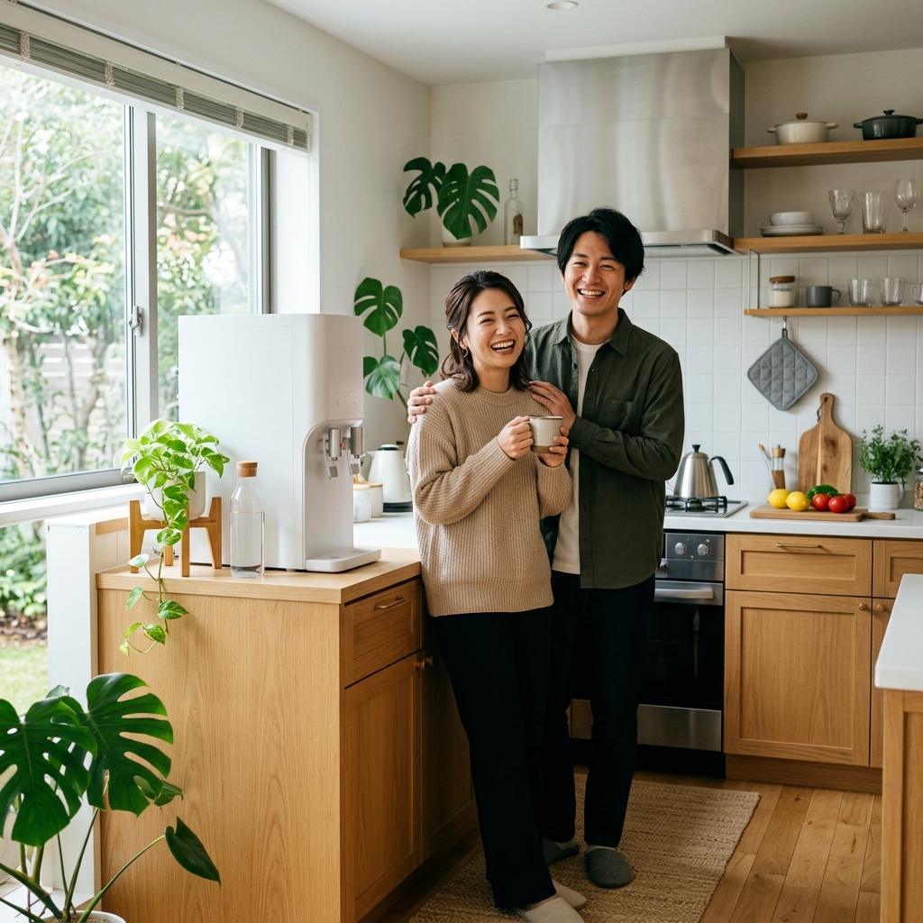 夫婦で仲良くウォーターサーバーを使う様子
